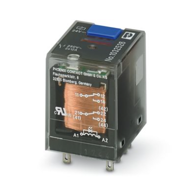 24VDC / 12A Plug-In Industrial Relay With LED, 2 Changeover Contacts 